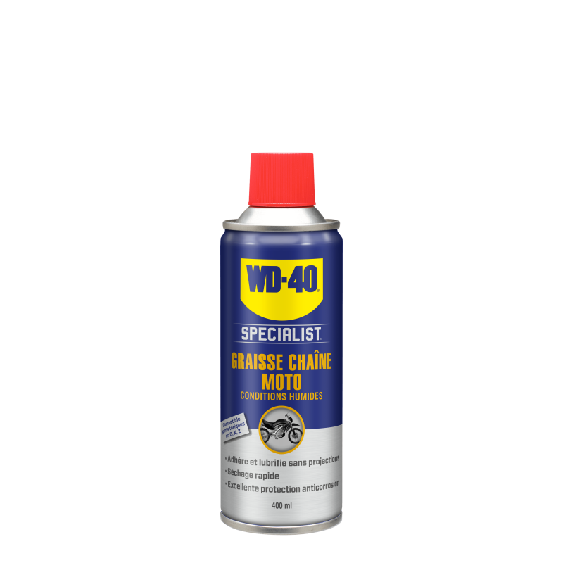 Photographie d'une huile de moteur Graisse Chaine Moto Conditions Humides WD40 400mL